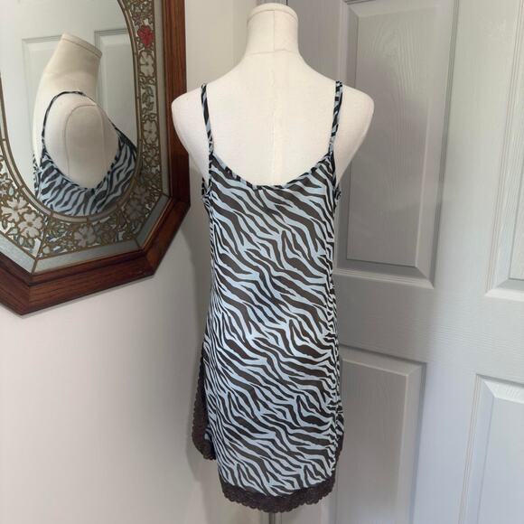 NWT VTG Y2K Mystique Intimates Blue & Brown Sheer Zebra Print Lace Trim Slip L - Picture 4 of 7